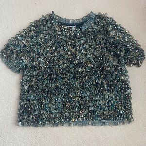 Chico’s Textured Ruffle Short Sleeve Top in Teal & Olive Chico’s size 3